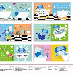 Può includere: Un libro illustrato per bambini colorato sul tema del bagno con un personaggio di cane blu. Il libro contiene il testo "È ora del bagnetto piccolo" e "Il bagnetto è pieno di divertimento."