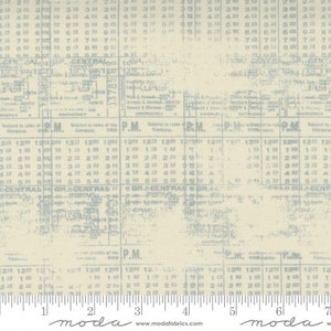 May include: Cream-colored fabric with a faded blue print resembling an old ledger or timetable. The design includes numbers, text, and a ruler along the bottom, with the "moda" logo and website address.