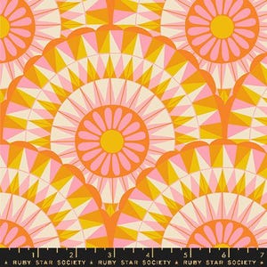 May include: A repeating pattern of pink and orange geometric shapes with a daisy-like flower in the centre of each shape. The background is a cream colour.