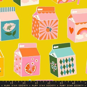 May include: A yellow background with a repeating pattern of colorful milk cartons. Each carton has a different design, including a rainbow, a flower, a citrus fruit, and a geometric pattern. The text "RUBY STAR SOCIETY" is printed at the bottom of the image.