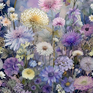 May include: A watercolor painting of a vibrant flower garden. The image features a variety of blooms in shades of purple, white, pink, and yellow. Dandelions, daisies, and other flowers are densely packed, creating a lush, colorful display.