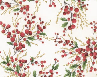 Christmas Wish Metallic - Natural Gold Berries - By Hoffman Fabrics - Sold By The Continuous Yard - In Stock Ships Today