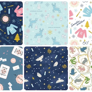 May include: A collection of six patterned designs featuring elements from a fantasy theme. The patterns include sweaters, snowflakes, deer, owls, and text like "Sweater weather" and "Hogwarts". Colors include blue, pink, and gold.
