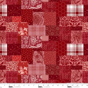 May include: A patchwork fabric design featuring various red patterns. The design includes floral, plaid, paisley, and geometric elements in shades of red and white. The fabric is likely cotton or a similar material.