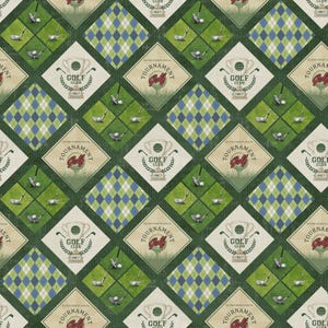 May include: A repeating pattern featuring golf-themed elements. The design includes diamond shapes with argyle patterns in blue and green, along with golf clubs, balls, and tournament emblems. The text "GOLF CLUB 1967" and "TOURNAMENT" are visible.