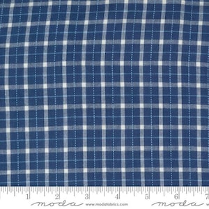 May include: Blue and white plaid fabric with a subtle texture. The fabric is woven with a fine grid pattern and has a slightly faded look.