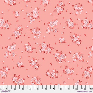 May include: A pink fabric with a repeating pattern of small white flowers and red stems. The fabric is shown with a ruler for scale.