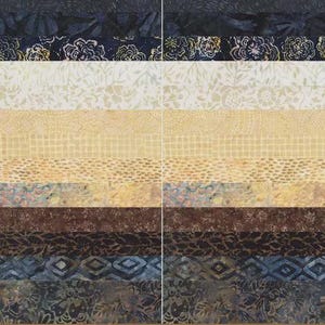 May include: A fabric bundle with a variety of patterns in blue, brown, and beige. The fabric is 6.35 cm by 109.22/111.76 cm and made of 100% cotton. The brand name "Tonga Treats" is visible.