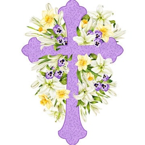 Pode incluir: Uma cruz roxa com um desenho floral de lírios brancos, narcisos amarelos e violetas roxas. O tamanho do painel é de 61 cm por 109 cm.