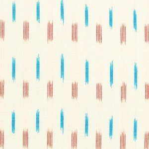 May include: A white fabric with a repeating pattern of blue and brown vertical lines. The lines are arranged in a staggered pattern.