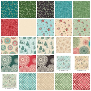May include: A collection of fabric squares with various patterns. Designs include floral, geometric, and nature-themed prints in colors like teal, red, green, and beige. Some squares have text that reads "AS SHOWN 16" x 16".