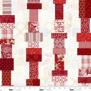 May include: A patchwork fabric with a variety of red patterns on a cream background. The patterns include floral, geometric, and striped designs. The fabric is likely used for quilting or other craft projects.