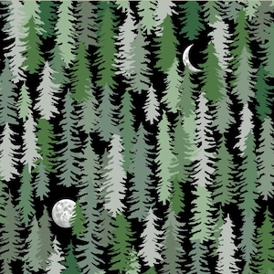 May include: A repeating pattern of stylized evergreen trees in varying shades of green and gray against a black background. Two moons, one full and one crescent, are visible in the night sky, creating a forest scene.