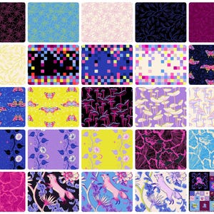 May include: A collection of 25 fabric swatches with various patterns. Designs include floral, pixelated, butterfly, mushroom, and animal prints in a range of colors such as blue, pink, yellow, and purple. The swatches are arranged in a grid.