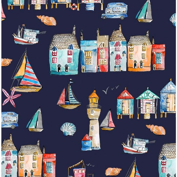 Portofino - Navy Harbor View - Michael Miller Fabrics - Sold by the Yard And Cut Continuous - In Stock And Ships Today