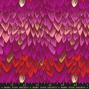 May include: A vibrant fabric design featuring a repeating pattern of stylized feather-like shapes in shades of fuchsia, pink, and red, with gold accents. The design has a textured appearance, creating a sense of depth and movement. The bottom of the image has the text "RUBY STAR SOCIETY".