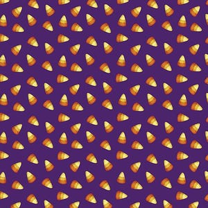 Puede incluir: Un patrón repetitivo de caramelos de maíz sobre un fondo morado. Los caramelos de maíz son amarillos, naranjas y blancos. El patrón está espaciado uniformemente y cubre toda la superficie.