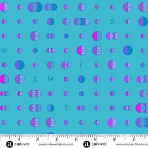 May include: A teal fabric with a repeating pattern of circles and half-circles in shades of pink, purple, and blue. Some circles are split with striped designs. The letters W, S, M, F, and T are scattered throughout the design. The fabric has a ruler at the bottom.