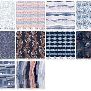 May include: A collection of ten fabric swatches with various patterns. Designs include geometric shapes, floral motifs, and abstract watercolor effects. Colors range from light blue and white to navy, brown, and orange. Each swatch has a ruler along the bottom edge.
