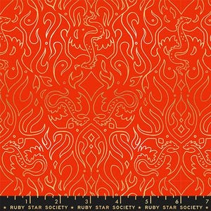 May include: A vibrant orange fabric with a repeating gold dragon and flame pattern. The design features stylized dragons and flame-like shapes, creating a dynamic and ornate visual texture. The text "RUBY STAR SOCIETY" is at the bottom.