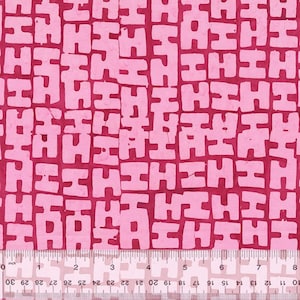 May include: A close-up of a fabric with a repeating pattern of light pink block letter "H" shapes on a dark pink background. A ruler with inch measurements is at the bottom of the image.
