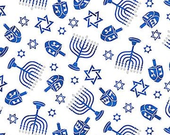 May include: White fabric with a repeating pattern of blue menorahs, dreidels, and Stars of David. The menorahs have nine candle holders. The dreidels have a four-sided top. The Stars of David have six points. The fabric has a ruler along the bottom.