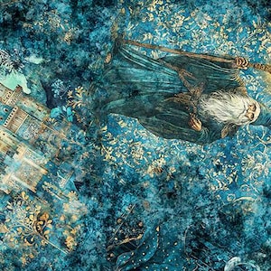 Puede incluir: Ilustración artística de un mago con una túnica azul y una larga barba blanca, sosteniendo un bastón. El fondo es un patrón texturizado de diseños florales azules y dorados, con un castillo a la izquierda.