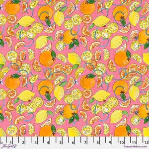 May include: A pink fabric with a repeating pattern of oranges, lemons, and citrus slices. The oranges and lemons are yellow and orange with green leaves. The fabric has a whimsical, summery feel.