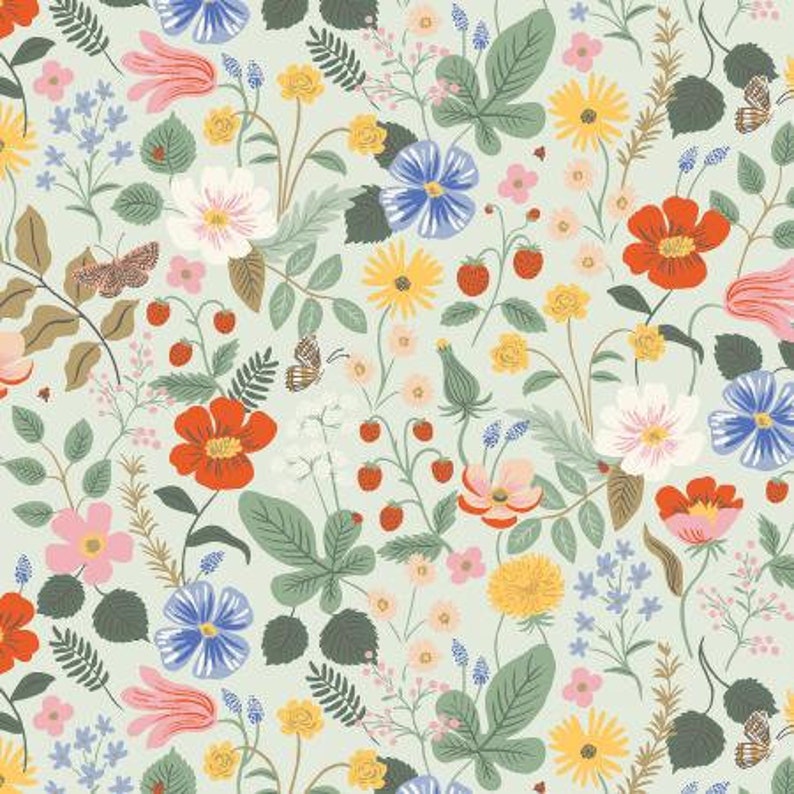 Steel for Cotton Strawberry Fields Strawberry Fields By Anna Bond of Rifle Paper Co Sold by Yard Mint In Stock and Ships Today