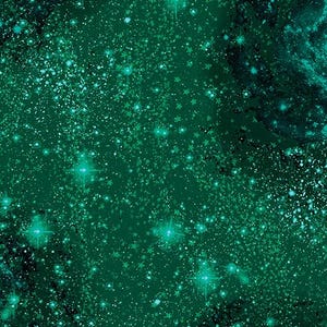 May include: A digitally created image featuring a dark green background with a pattern of stars and sparkling light effects. The design includes various sizes of stars and bright, glowing points of light, creating a celestial or cosmic theme.