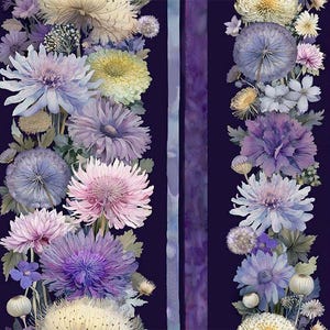 May include: Floral fabric with a dark purple background and vertical stripes. The fabric features watercolor-style flowers in shades of purple, pink, yellow, and white. The flowers are arranged in vertical columns, creating a repeating pattern.