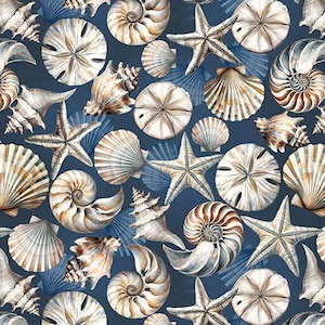 Coastal Escape - Mörkblå kustsnäckor - Av Nicole DeCamp För Benartex Fabrics - Säljs per längd och klipps kontinuerligt - I lager och skickas idag