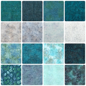 May include: A selection of sixteen fabric squares in shades of blue, teal, and green. The patterns include leaf designs, textured weaves, and mottled effects. The squares are arranged in a grid.