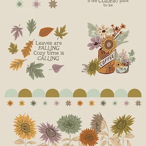 Puede incluir: Un panel de tela con ilustraciones de temática otoñal que incluyen calabazas con patrones florales, una pila de libros con el texto between the pages of a book is the COZIEST place to be, hojas que caen, girasoles y tazas de café y té.
