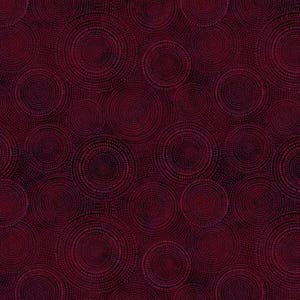 May include: A fabric with a repeating pattern of burgundy circles. Each circle is composed of tiny dots, creating a textured effect. The background is a darker shade of burgundy, enhancing the contrast of the design.