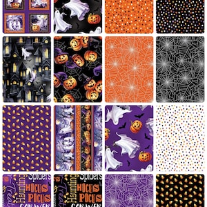 Puede incluir: Colección de patrones de tela con temática de Halloween. Los diseños incluyen fantasmas, calabazas, telarañas y caramelos de maíz. Algunas telas presentan texto que dice "Hocus Pocus" y "Halloween". Los colores incluyen naranja, morado y negro.