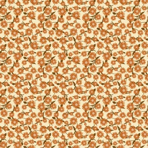 May include: A repeating pattern of orange and brown flowers with green stems and leaves on a cream background. The floral design is dense and covers the entire surface, creating a vintage aesthetic.