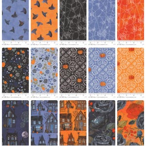 May include: A collection of twenty-five fabric swatches featuring Halloween-themed patterns including pumpkins, witch hats, spider webs, haunted houses, and floral motifs in orange, black, blue, and gray, displayed with a visible 5-inch ruler.