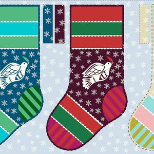 May include: Three Christmas stockings with a dove design, each with a different color scheme. The stockings have a blue, burgundy, and beige background with snowflake patterns. Each stocking has a different color scheme for the top, middle, and toe sections.