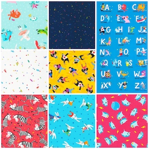 May include: A collection of colorful fabric swatches with various patterns. Designs include confetti, dancing figures, an alphabet with animal illustrations, and zebras. Other patterns feature rabbits, dolphins, and a mushroom.