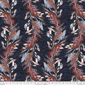 May include: Fabric with a repeating pattern of stylized botanical elements in shades of brown, gray, and cream against a dark navy blue, wavy background. The design features vertical, organic shapes resembling leaves or branches.