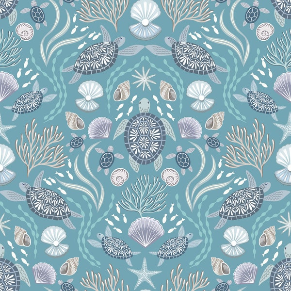 Ocean Pearls Pearlescent - Ocean Blue Turtle Family - By Lewis And Irene Fabrics - Sold By Continuous Yard - In Stock Ships Today