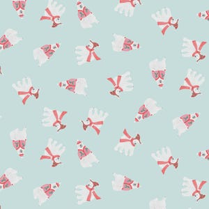Puede incluir: Un patrón repetido de osos polares blancos con bufandas, gorros y chalecos rojos con detalles de acebo verde. Los osos están dispersos sobre un fondo azul claro, creando un diseño festivo con temática invernal.