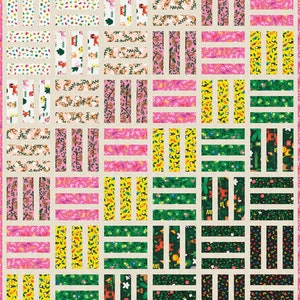 May include: A colorful patchwork quilt with a grid design. The quilt features rectangular blocks in various patterns, including floral, animal, and abstract designs. Colors include pink, green, yellow, and white, with a pink border.