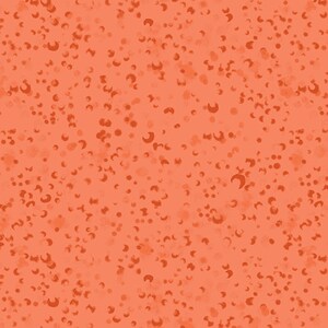 May include: A seamless pattern featuring a coral background with scattered, darker coral-colored shapes. The shapes vary in size and resemble small, irregular crescent moons and dots, creating a textured, speckled effect.