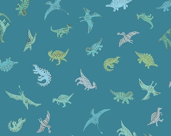 Prehistoric - Blue Dino Pals - By Makower UK For Andover Fabrics- Sold By The Continuous Yard - In Stock And Ships Today