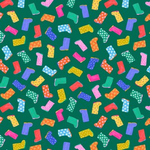 May include: A repeating pattern of colorful rain boots on a dark green background. The boots are in various colors, including pink, yellow, blue, and green, and are decorated with floral and polka dot patterns. The boots are scattered across the surface.