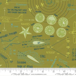 May include: Olive green fabric with aviation-themed illustrations. Features diagrams, text, and images of airplanes, gauges, and flight principles. Includes text like "Lift," "Stall," and "Bernoulli's Principle."