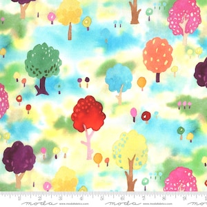 May include: A watercolor pattern featuring a variety of colorful trees with different shapes and sizes. The trees are set against a light blue and yellow background with a watercolor effect.