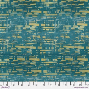 May include: Teal fabric with a gold geometric pattern. The pattern is made up of overlapping rectangles and lines.